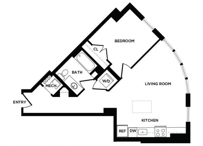Floor plan for 1 bed, 1 bath